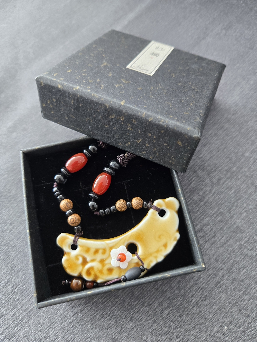Yellow Ceramic Pendant Necklace with Wooden Beads Accents